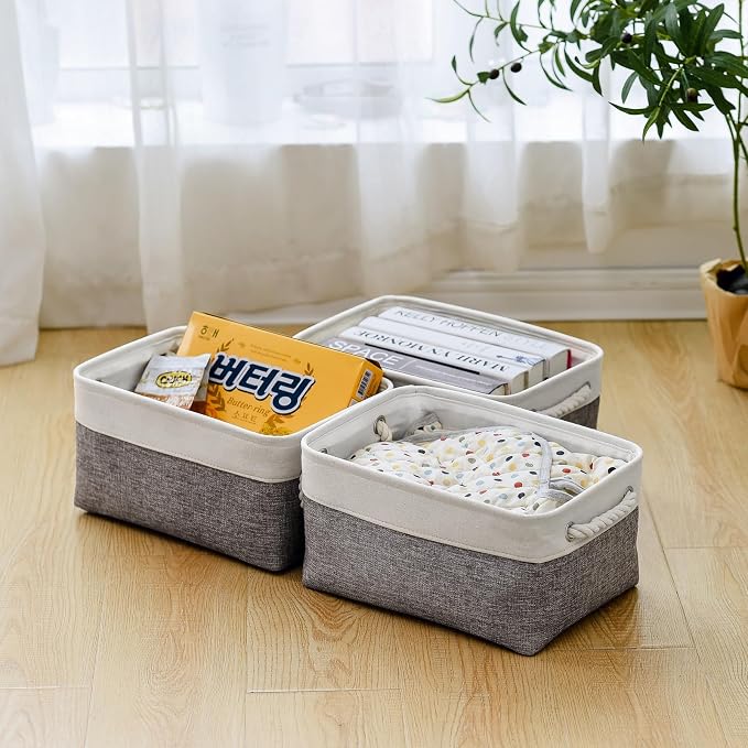 Storage Bins for Shelves - 13.8L×9.8W×6.7H inch 3 Pack Medium Collapsible Storage Baskets for Organizing | Fabric Storage Cubes for Linen Closet Toy Home (White&Grey)