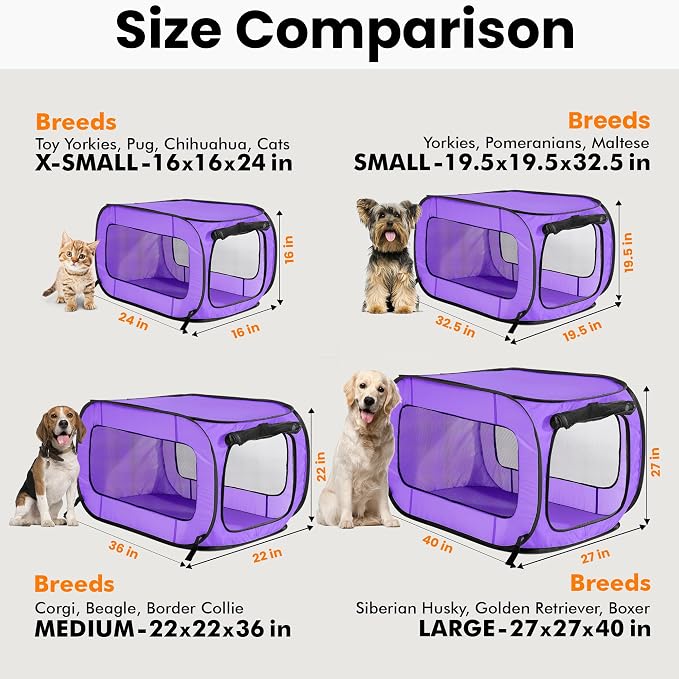Portable Collapsible Pop Up Kennel, 32.5" L x 19.5" W x 19.5" H, Purple | Collapsible indoor/outdoor travel cat and dog crate with mesh screen windows pops up and folds flat for easy storage