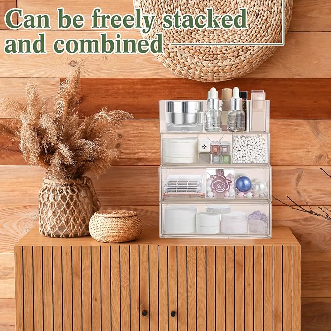 CroBlissful Medicine Cabinet Organizer 4 Tier Stackable Makeup Organizer Tray with 2 Drawers 2 Storage Box 1 Lip Gloss Holders and 1 Movable Partition for Bathroom Cabinet Wall Vanity