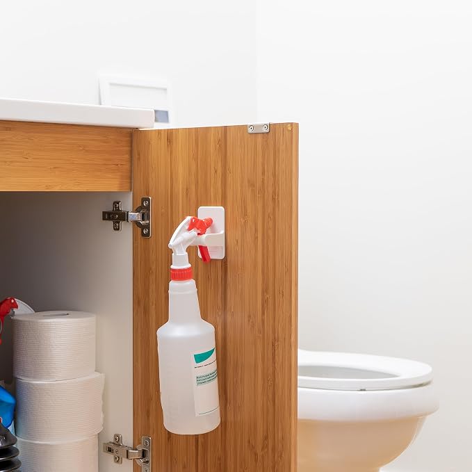 Wall Hooks for Spray Bottle, Salf-Adhesive Spray Bottle Holder, for Spray Bottles up to 32 oz - White, 2 Pack