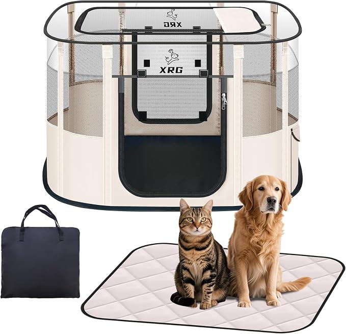 XRG Foldable Dog Playpen with pad，Indoor Cat Kennel L(35.4"x27.6"x23.6") | Portable Dog Crates with Upgrade Breathable Mesh，Sturdy Cat cage Indoor & Outdoor for Rabbit or Small Animals,Beige