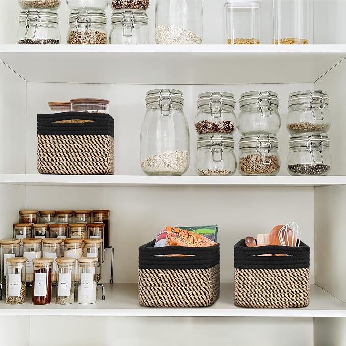 Goodpick 3-Pack Wicker Storage Baskets for Shelves, 13 x 8 x 5 in | Woven Baskets for Shelves, Closet Organizer Bins, Empty Baskets for Gifts,Woven Basket for Play Room, Black & Jute