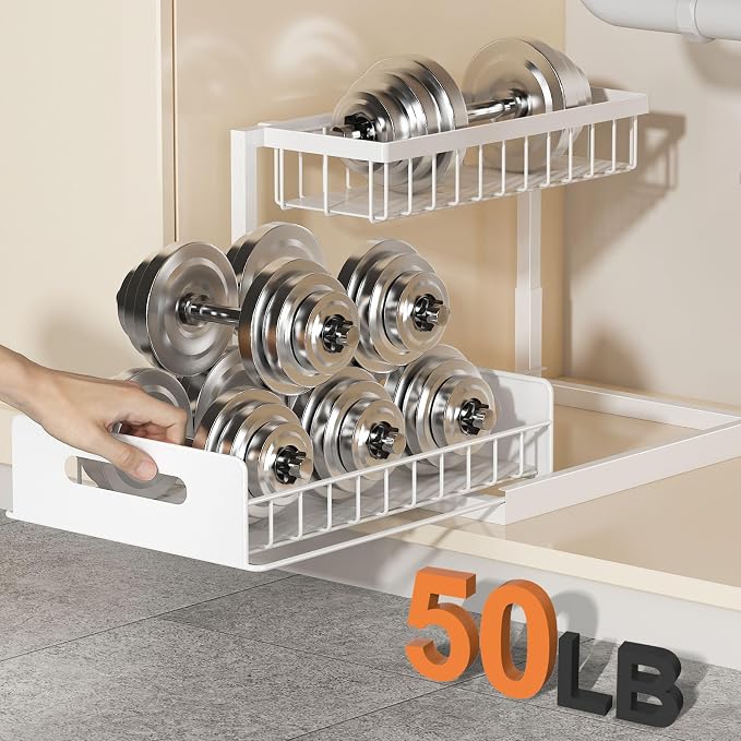 Under Sink Organizer, L-Shaped 2 Tier Pull Out Cabinet Organizer | Slide Out Under Cabinet Storage, For Kitchen and Bathroom, Metal Under Sink Storage with Sliding Drawer, 50 lbs, White 2 Pack