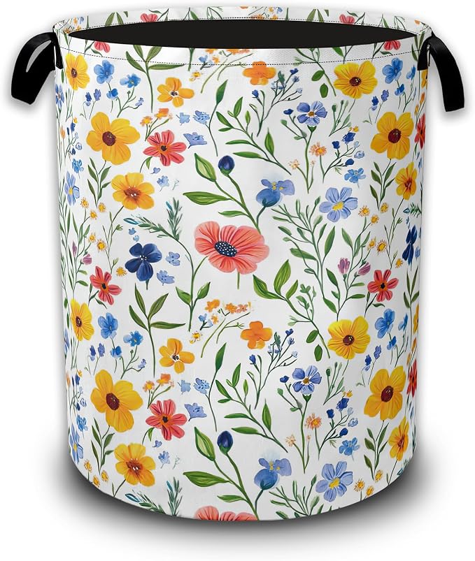 Laundry Basket Colorful Wildflower Collapsible Laundry Baskets Waterproof Oxford Cloth With Handles,Laundry Hamper Clothes Storage Bucket Toy Organizer for Bathroom/Nursery/Bedroom 16" x 20.8"