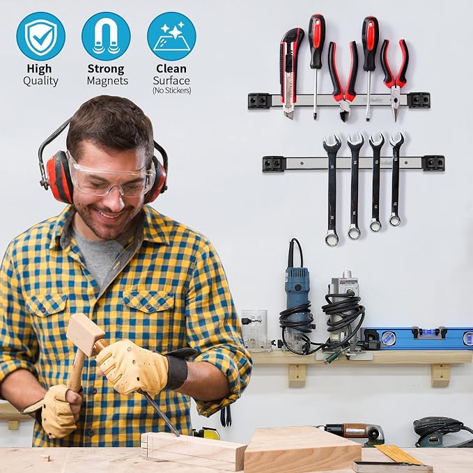 6 Pieces 12" Magnetic Tool Holder Strip, Stainless Steel Surface Tool Magnet Bar, Metal Tool Organizer Rack for Garage Organization, Easy To Install in Workshop, Mounting Screws Included