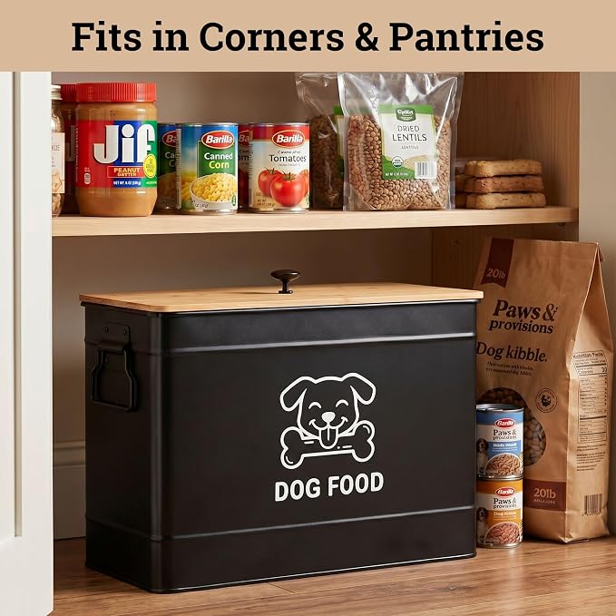 Metal Dog Food Container 15-20 lbs w/ Airtight Bamboo Lid, 70 Cup Capacity | Pet Jar For Dogs up to 100lbs, Airtight Bamboo Lid, Sturdy Comfortable Metal Handle, Powder Coated Iron, Kibble Storage Bin