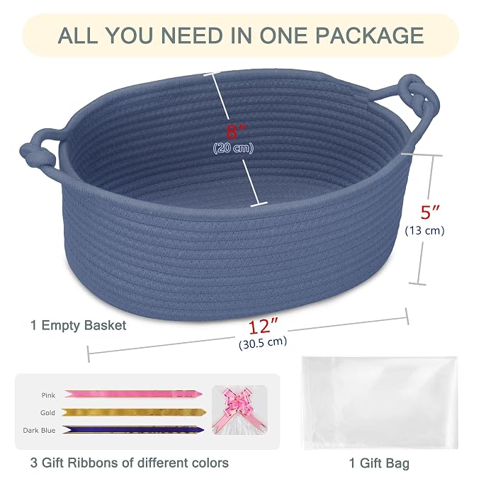 COMSE Small Gift Basket Empty with Bag & Ribbons, Solid Folkstone Gray | Cotton Rope, 12"x 8"x 5", Pet Toy Storage Organizer, Woven Basket for Birthdays, Baby Showers, Mother’s Day, Valentine’s Day