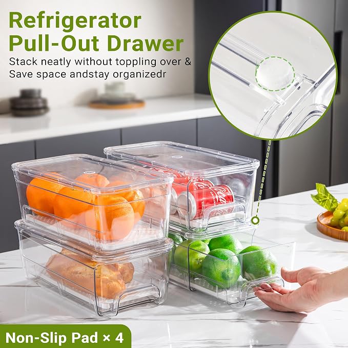 Imncya Fridge Organizer Bins, Clear Stackable Pull Out Fridge Drawer Organizer, Refrigerator Organizers and Storage Container for Fruits, Vegetables, Drinks, Food ( 2 Pack Clear)