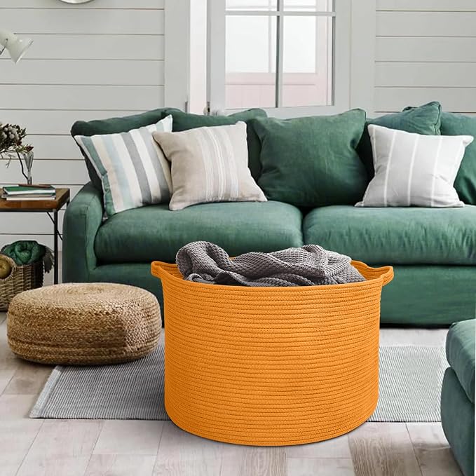 Extra Large Orange Basket, 22" X 22" X 14" Woven Cotton Rope Bins for Blankets, Baby Nursery Wicker Laundry Towel Basket, Kids Dog Toy Storage Box, Big Orange Living Room Decor Organizer
