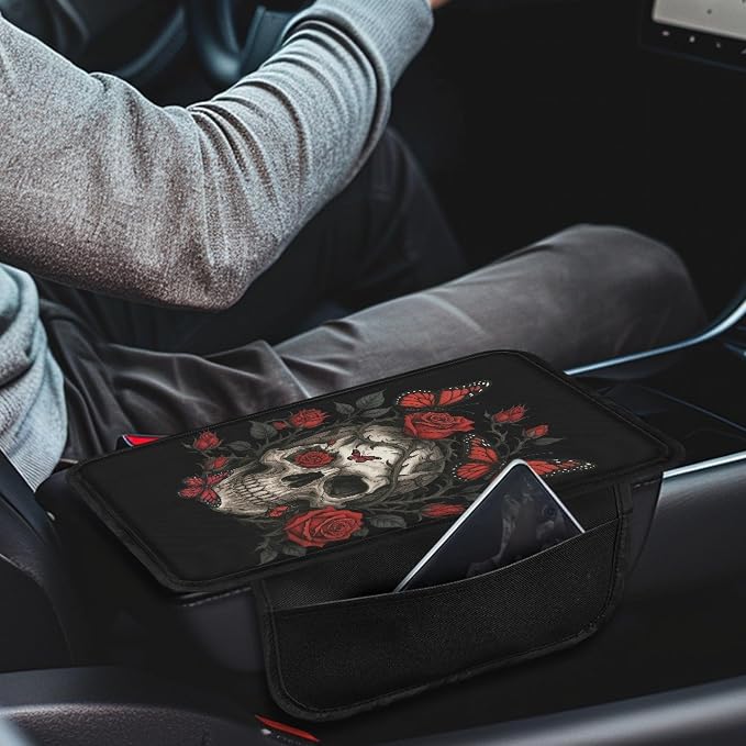 Howilath Butterfly Skull Console Cover for Car Armrest with Storage Pocket | Red Rose Easy Stretch-On, No Tools, Washable, with Side Pockets for Phones and Keys, Fits Most Vehicles