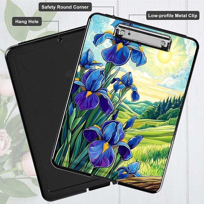 Heavy Duty Storage Clipboard, Slim Nursing Clipboard with Internal Pen Case, Portable File Organizer Case for A4 Letter Size Paper Office Medical Professionals, Blue Flower Lawn