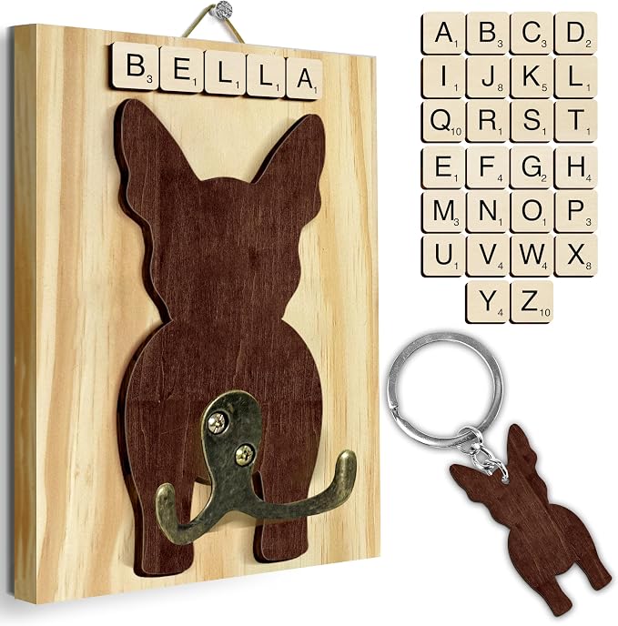 Boston Terrier Dog Leash Holder Wall Mount with Scrabble Letters, Wooden Dog Hook Organizer, Pet Collar and Harness Holder, Key and Leash Rack for Entryway, Gift for Pet Lovers, Home Decor PF297-15