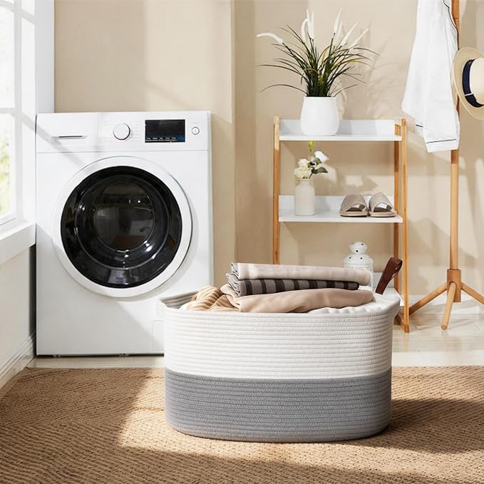 MEGASKET Extra Large Laundry Basket, Rectangle Woven Cotton Rope Storage Basket with Handles, Wicker Laundry Hamper, Farmhouse Storage Bin for Blankets Clothes Toys, Grey, 22" x 17" x 12"