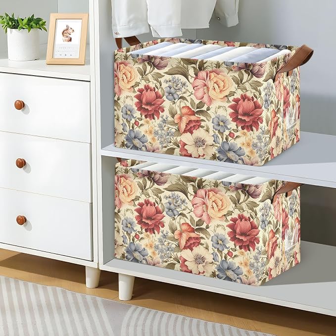 Vintage Peony Flower Retro Floral Storage Basket Foldable Cube Storage Bins with Handles&Label Collapsible Organizer Box Bin Rectangle Decorative Baskets for Shelves Home Living Room Closet, 2 Pack