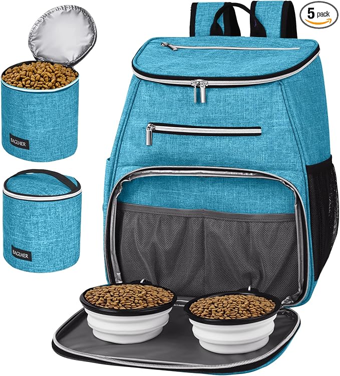 BAGLHER 丨Dog Travel Bag Backpack, Airline Approved Pet Supplies Backpack, Dog Travel Backpack with 2 Silicone Collapsible Bowls and 2 Food Baskets Sky Blue