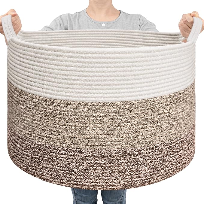 Goodpick Large Woven Basket for Blankets, Nursery & Living Room Decor, 85L | 19.7 x 19.7 x 12.6 In Storage Basket for Toys Shoes, Cute Baby Laundry Hamper for Towels, Clothes, Light & Brown