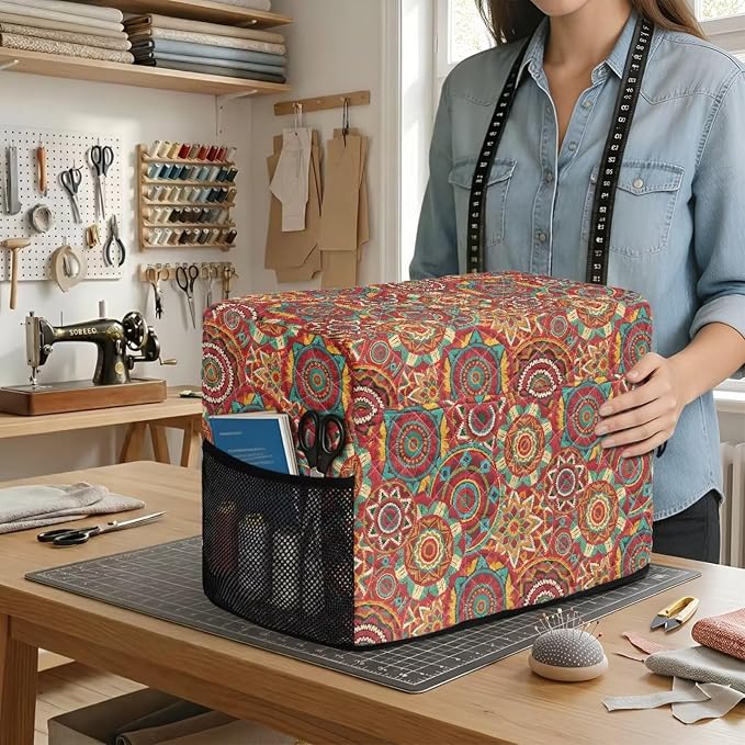 Sewing Machine Cover Polyester Febric Ethnic Mandala Geometric | Dust Pet Hair Protection,Quilting Design,Fits Standard Singer,Brother Janome Machines,Protecting Decorating Your Sewing Space