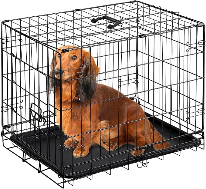 DUMOS 30 Inch Dog Crate, Puppy Small Medium Foldable Dog Cage Pet Kennel | Single Door Metal Wire, Plastic Leak-Proof Pan Tray, Portable Indoor Outdoor Training Travel