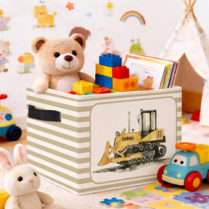 Bulldozer Storage Bin, Construction Truck Beige Stripe Fabric Basket | Foldable construction truck fabric organizer for nursery, bedroom, playroom, toys, books, and clothes