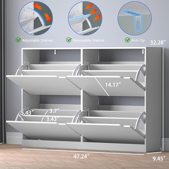 BORNOON Shoe Cabinet with 4 Flip Drawers, Narrow Hidden Shoe Storage Cabinet, Slim Freestanding Shoe Rack Organizer for Entryway, Hallway, Bedroom, Living Room