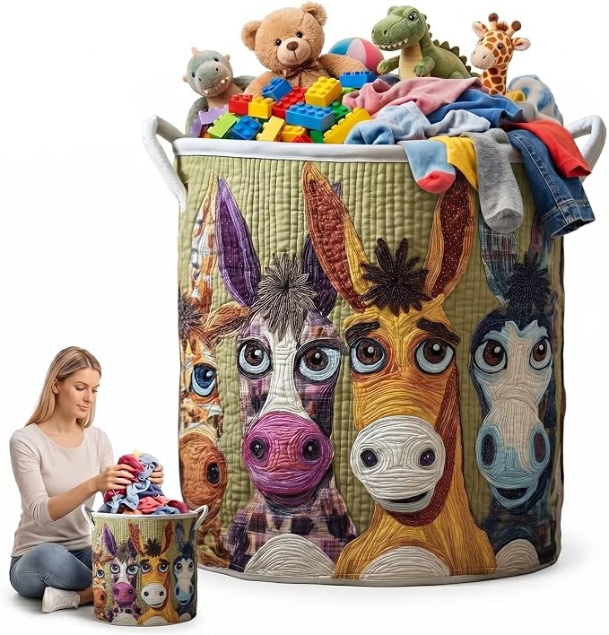 Quilted Clothes Basket, Foldable Fabric Laundry Hamper with Double Handles, Extra Large Bin for Family Laundry, Beach & Camping(14"x 18")