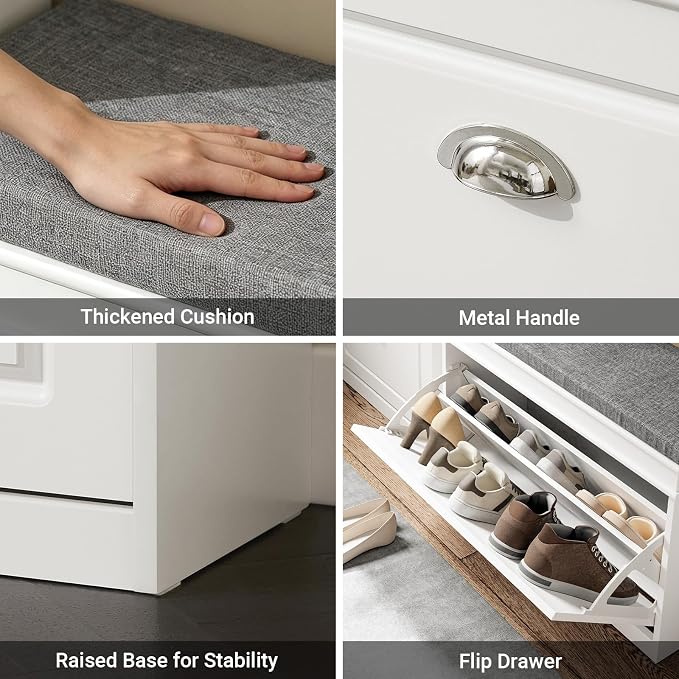 Haotian Shoe Storage Bench with Cushion | White Narrow Shoe Rack for Entryway, Small Shoe Cabinet with Flip-Drawer, Closet Hallway Mudroom FSR82-L-W