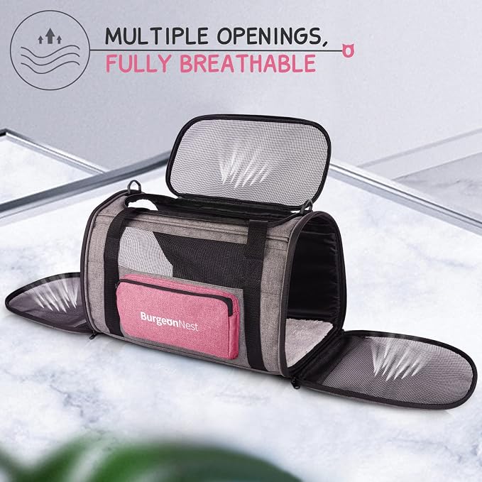 BurgeonNest Soft Cat Carrier for Cats up to 20 Lbs, Top Load Pet Carry Bag | Collapsible Small Pet Carrier Soft-Sided Escape Proof with Unique Side Bag, Breathable Mesh for Car Travel, Medium Pink