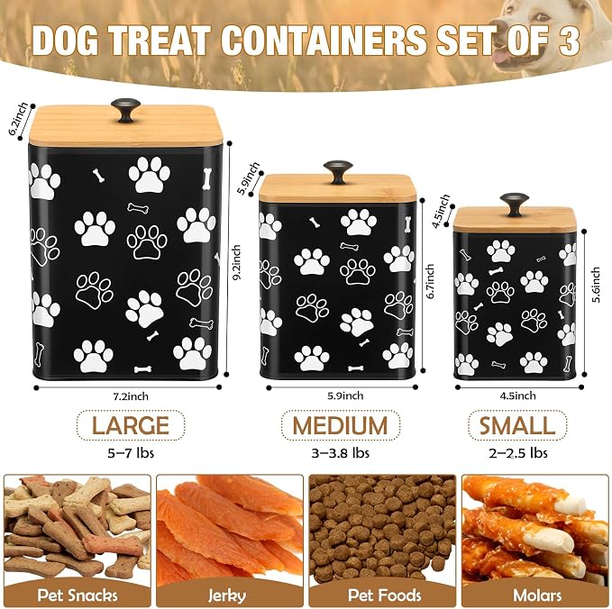 Reallnaive Airtight Dog Treat Container Set of 3 with Bamboo Lids Metal Treat Jars for Countertop Decorative Pet Snack Food Storage Canister Kitchen Biscuit Holder(Black)