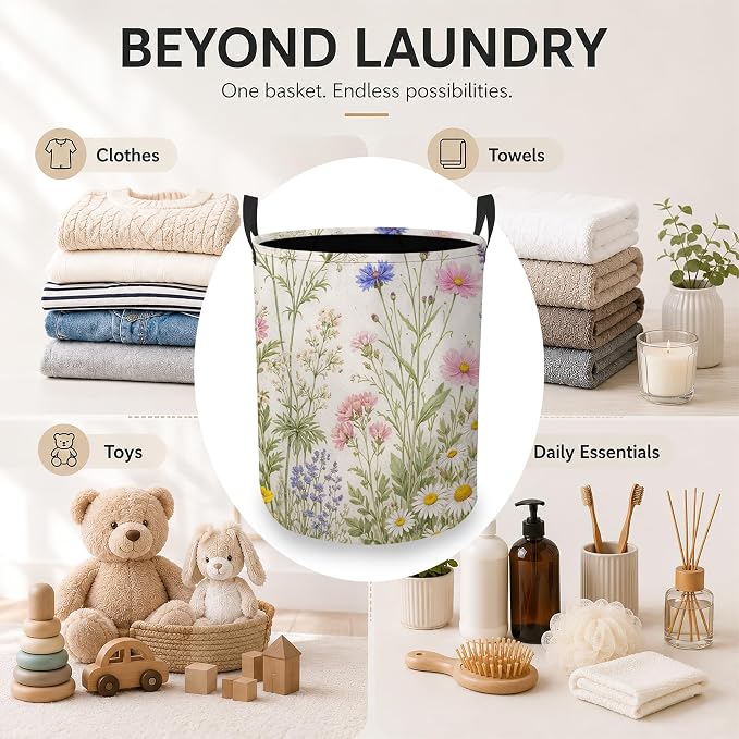 Flower Herbs Laundry Basket Oxford Cloth Wild Plant Laundry Hamper With Handle Foldable Portable Clothes Storage Basket Storage Bag For Laundry Room/Bathroom/Bedroom/Dormitory 20.8"x16"