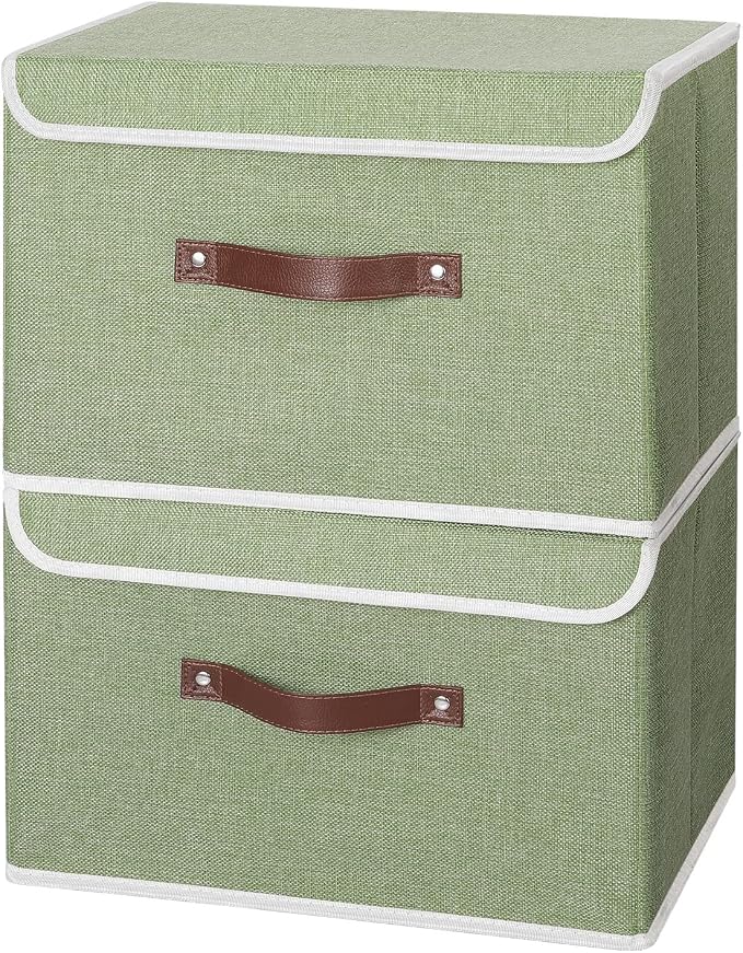ANMINY Fabric Storage Box Bins with Lids, Green, 15"x10"x10", 2 Pack | Keepsake Memory Storage, Cotton Linen, PP Board Reinforced, Washable, PU Handles, Foldable & Stackable, Decorative, Large