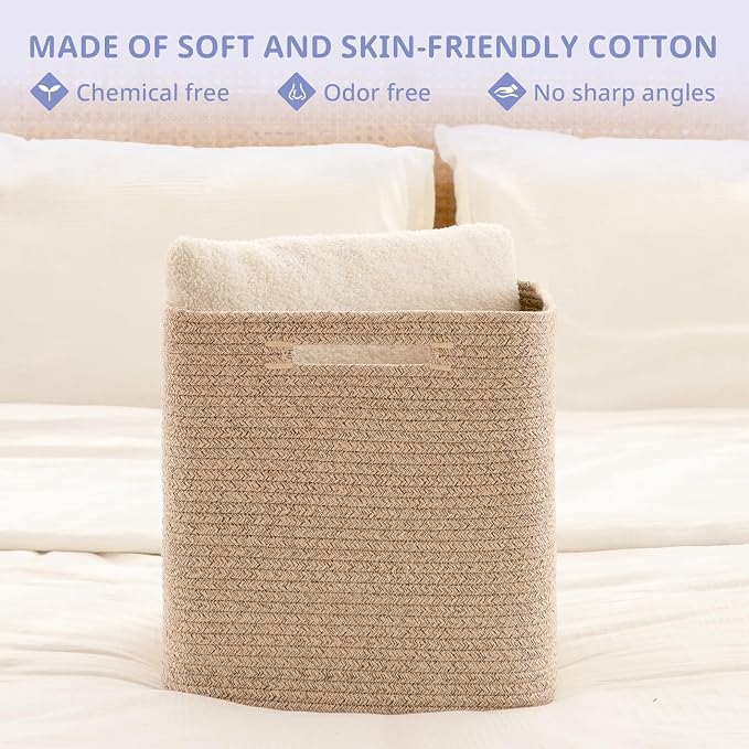OIAHOMY 3 PACK Cube Storage Bin 13 Inch Collapsible Storage Cube Brown | Cube Storage Organizer Storage Bins for Shelves Baskets for Organizing Woven Rope Storage Baskets