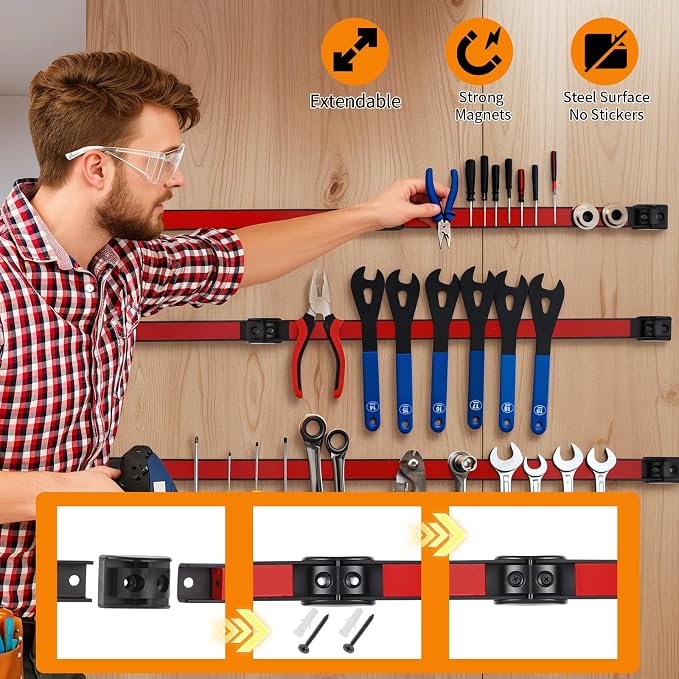 24" Magnetic Tool Holder Strip, 4 Pieces Red Metal Tool Organizer Rack with Stainless Steel Surface, Magnet Bar for Garage Workshop, Easy To Install with Mounting Screws
