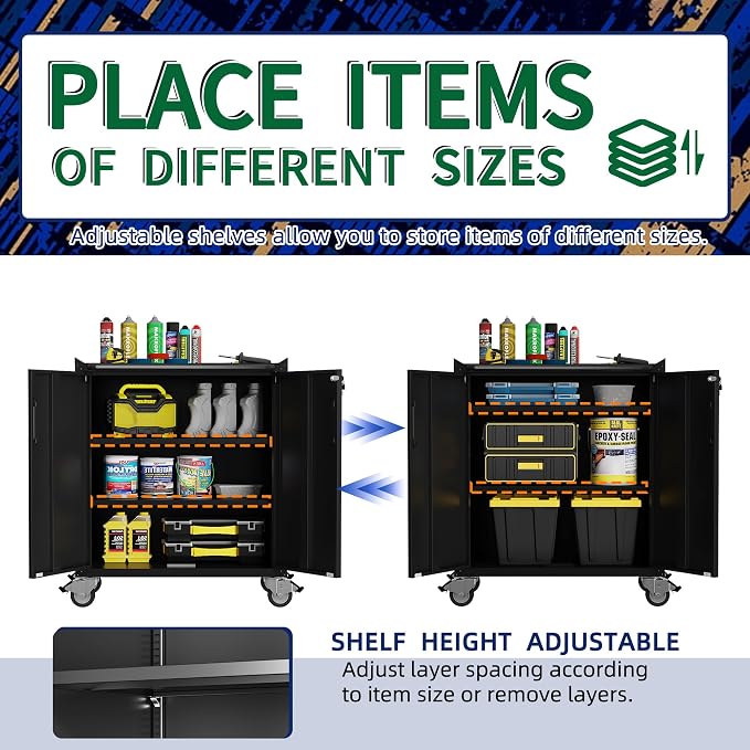Metal Garage Storage Cabinets System, 7-Pcs Workshop Tool Cabinet Set,Black | Including 3 Pcs Wall Cabinets 4 Pcs Garage Tool Cabinets with Wheels,Assembly Required