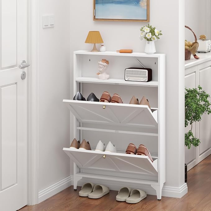 Shoe Cabinet with 2 Flip Drawers, Narrow Shoe Storage Cabinet, Farmhouse Shoe Organizer, Freestanding Organizer with Metal Legs for Entryway, Foyer (White, 2 Door)