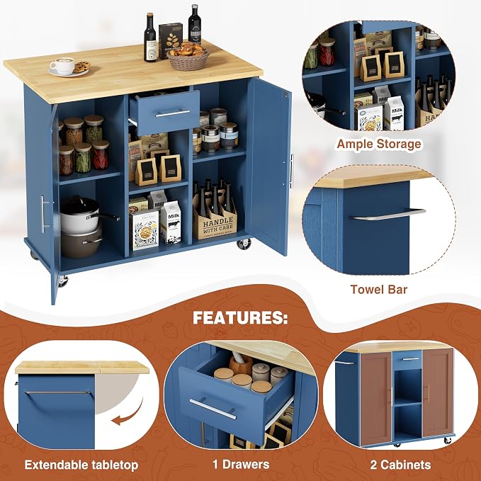 JY QAQA 42" Kitchen Island with Storage on Wheels, Rolling Table with Drop Leaf, Drawers, Cart Handle for Towel Rack or Free Movement, Blue