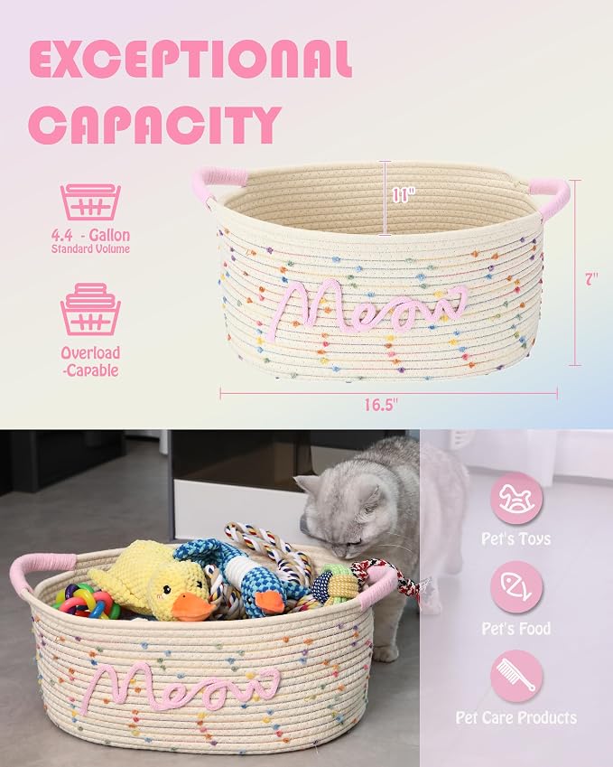 Sea Team Cat Toy Storage Basket with Handles, Rainbow Meow | Large Cotton Rope Storage Bin, Shelf Basket, Organizer for Pet Chew Toys, Foods, 16.5 x 11 x 7 Inches, 4.4 Gallons