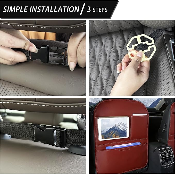 SUTSU Kick Mat Back Seat Protector， Waterproof Leather Car Seat Back Organizers Cover with 3 Storage Pockets for Kids Pets SUV Sedan Minivan Truck Car Travel Accessories (Wine Red 2-pack)