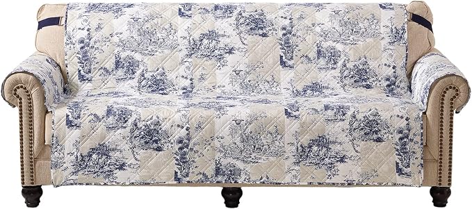 Brilliant Sunshine Blue Toile Couch Cover, Quilted X-Large Sofa Slipcover, 78" Seat Width, Slip Resistant Furniture Protector, 2" Strap, Washable Couch Cover for Pets, Kids, Dogs, Cats, Blue Beige | Quilted Sofa Cover, Living Room & Bedroom Furniture P...