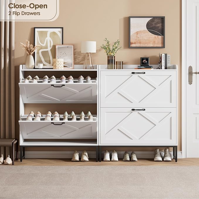 Shoe Storage Cabinet with 2 Flip Drawers, Entryway Cabinet, White | Slim Shoe Cabinet with Metal Legs, Narrow Farmhouse Shoe Organizer for Entryway, Foyer, Hallway, Wood Shoe Rack with Hook