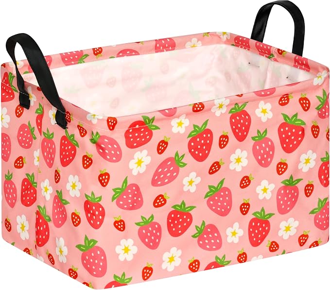 Kid Storage Basket Gift Shelf Basket Toy Storage Bin, Nursery Basket Organizer Box for Children Room Deco With Handles (Strawberry)