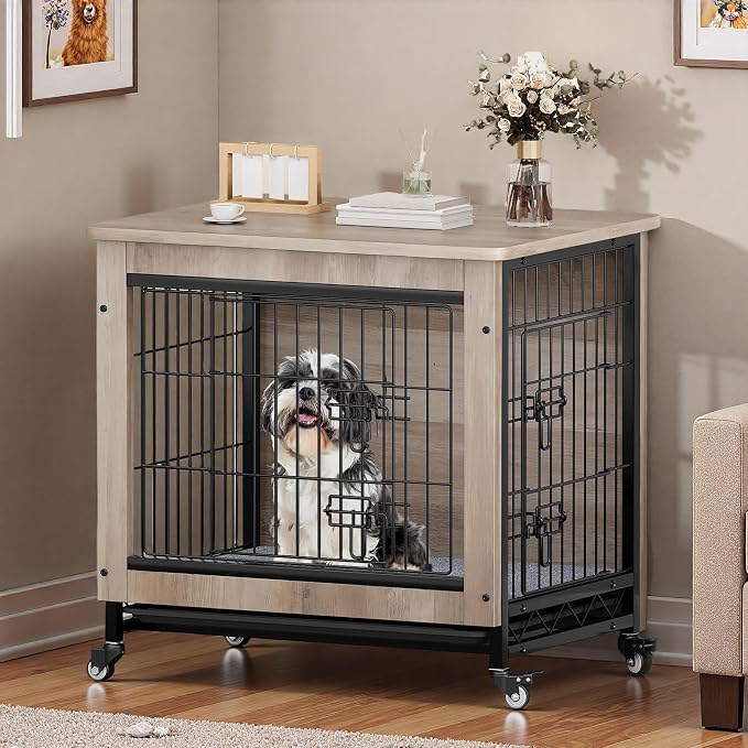DWVO 27" Dog Crate Furniture with Wheels, Cushion & Tray | Dog Kennel Indoor End Table for Small Dog, Grey