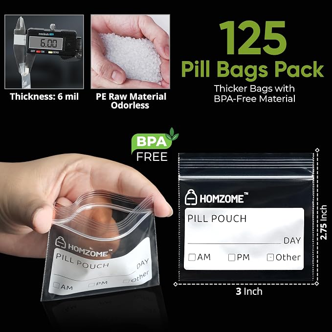 Pill Bags 6 mil -Pack of 125- BPA Free 3x2.75 inches Reusable Pill Pouches for Medicine with Write on Label Clear Small ziplock Bags for Pills, Jewelry and Travel Pill Organizer (Pack of 125)