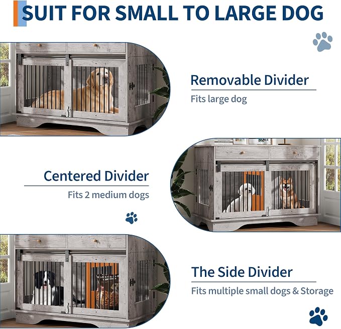 GarveeHome 47" Dog Crate Furniture for 2 Dogs, Double Dog Kennel with Removable Divider & 2 Drawers, Decorative TV Stand Side Table, Indoor Pet Cage for Large/Medium/Small Dogs, White