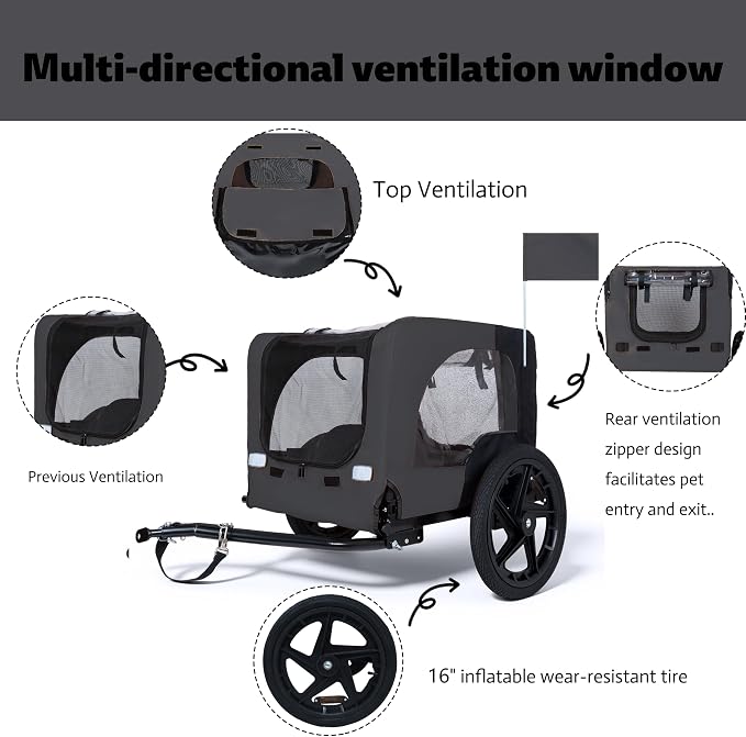 KEIKI Dog Bike Trailer with Built-in Leash, Pet Stroller Cart Bicycle Carrier, Easy Folding Cart Frame with Front Caster & 16" All-Terrain Wheels & Universal Hitch, Supports up to 66 lbs