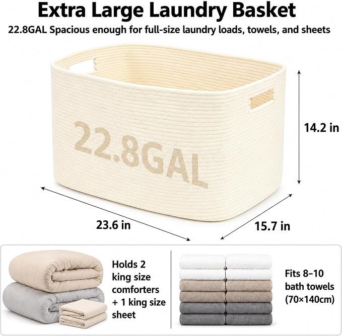22.8GAL Xl Extra Large Laundry Basket for Bathroom, Dorm Dirty Clothes, Sturdy Portable Aesthetic Boho Cute Woven Storage Shoes Blanket Baskets for Living Room Decor Girls Boys Pets Toys Beige