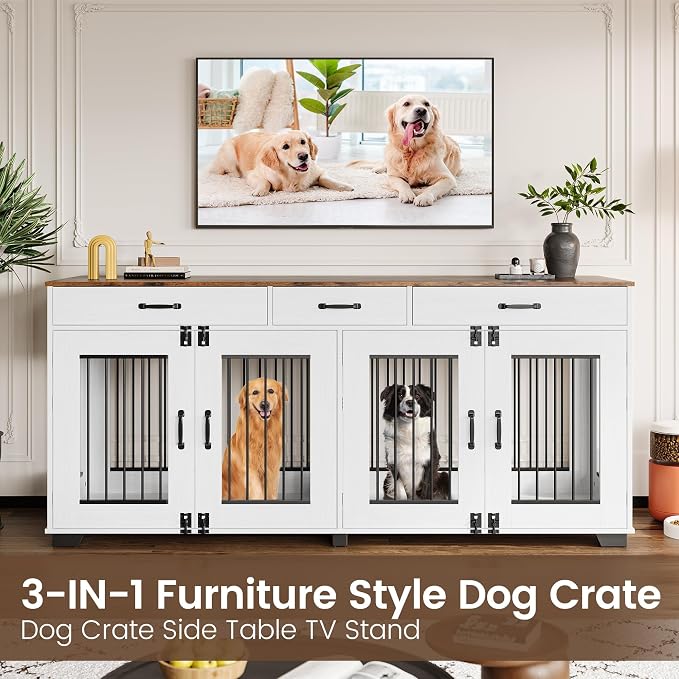 IDEALHOUSE 71-Inch Large Dog Crate with 3 Drawers for 2 Dogs, White | Dog Kennel Furniture, Large Breed Dog Crate and TV Stand for Medium-Large Dog
