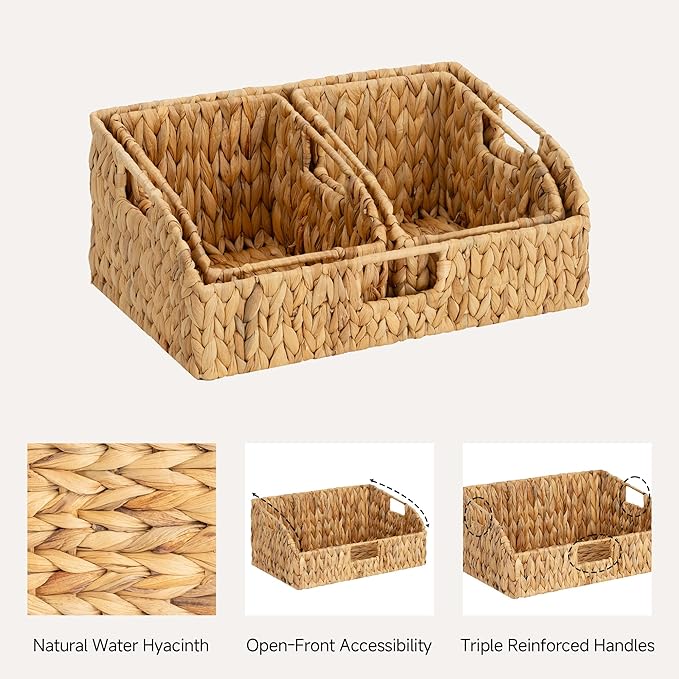 StorageWorks Water Hyacinth Basket Organizer, Pantry Storage Baskets,3-Pack | Wicker Baskets with Handles, Handwoven Shelf Baskets for Organizing, Handwoven Pantry Organizers and Storage, Pantry Baskets