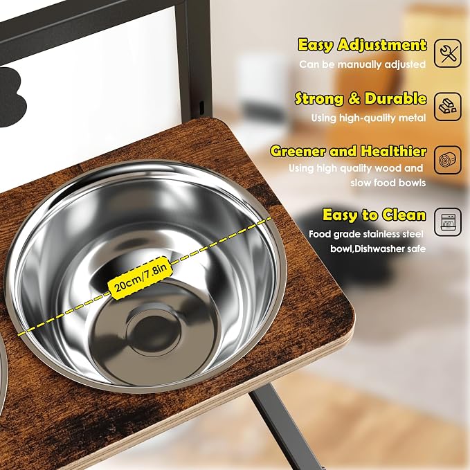 ADENGL Elevated Dog Bowls with Slow Feeder - 9 Heights Adjustable Raised Dog Bowl Stand with Two 1.7L Stainless Steel Dog Food Bowls & Slow Feeder and a Nonslip Pad, Perfect for Medium Large Breed