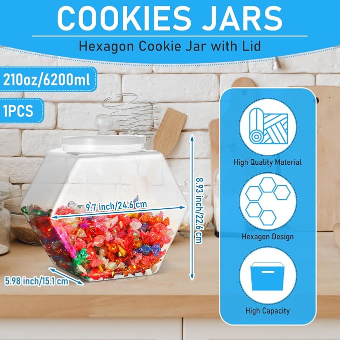 Uiifan Plastic Candy Jar with Lid Clear Hexagonal Fish Bowls,210 Oz | Clear Cookie Jar Desk Pet Display, Dog Food Craft Supplies Coffee Pod Storage, Wide Mouth Easy Access Organizer