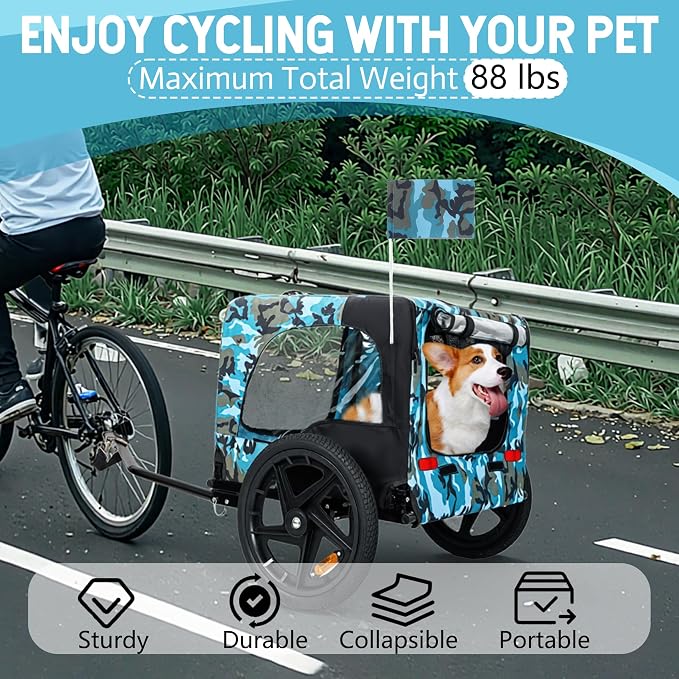 KEIKI Dog Bike Trailer with Built-in Leash, Pet Stroller Cart Bicycle Carrier, Easy Folding Cart Frame with Front Caster & 16" All-Terrain Wheels & Universal Hitch, Supports up to 66 lbs